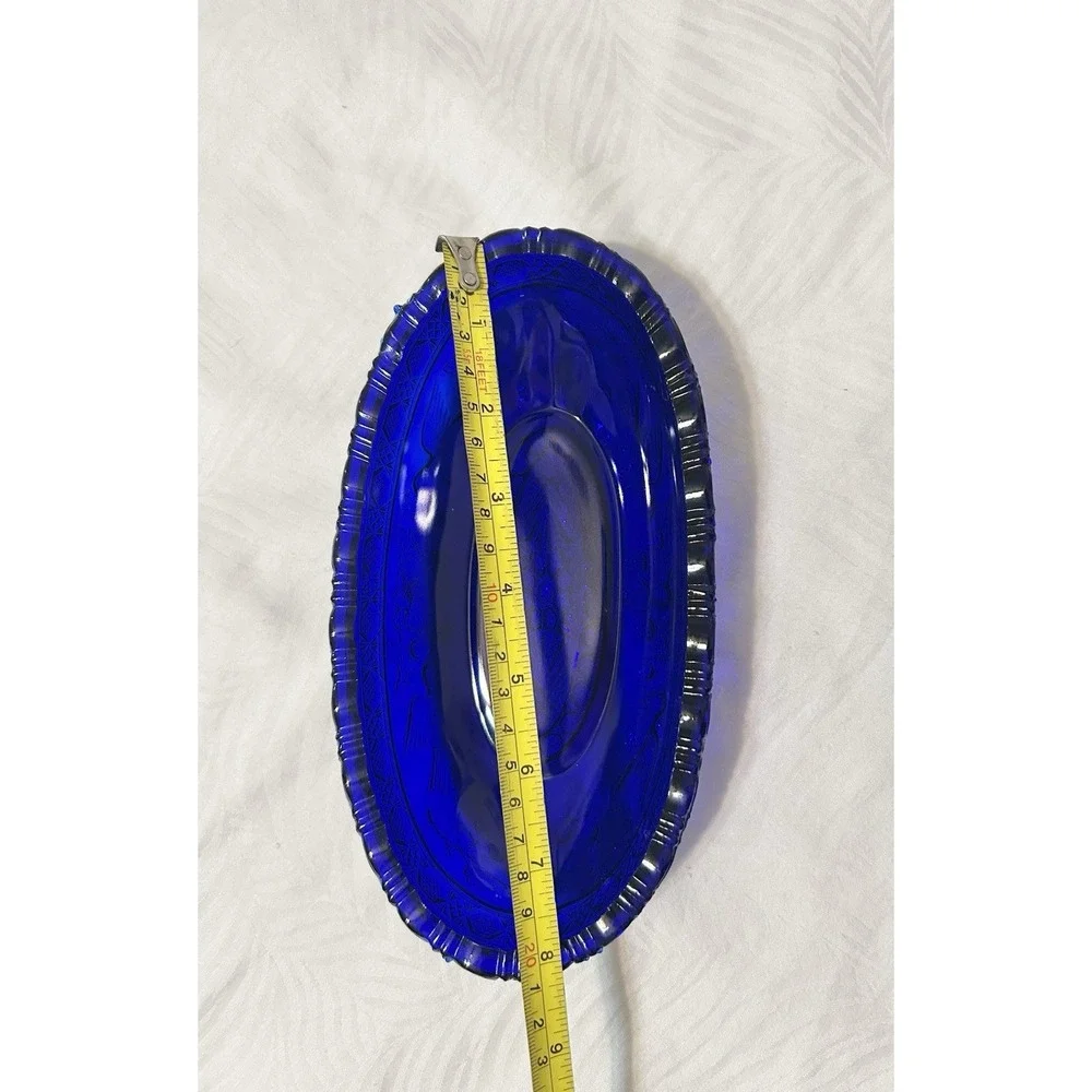 Vintage Tiara Glass Cobalt Blue Bird Berries Dish